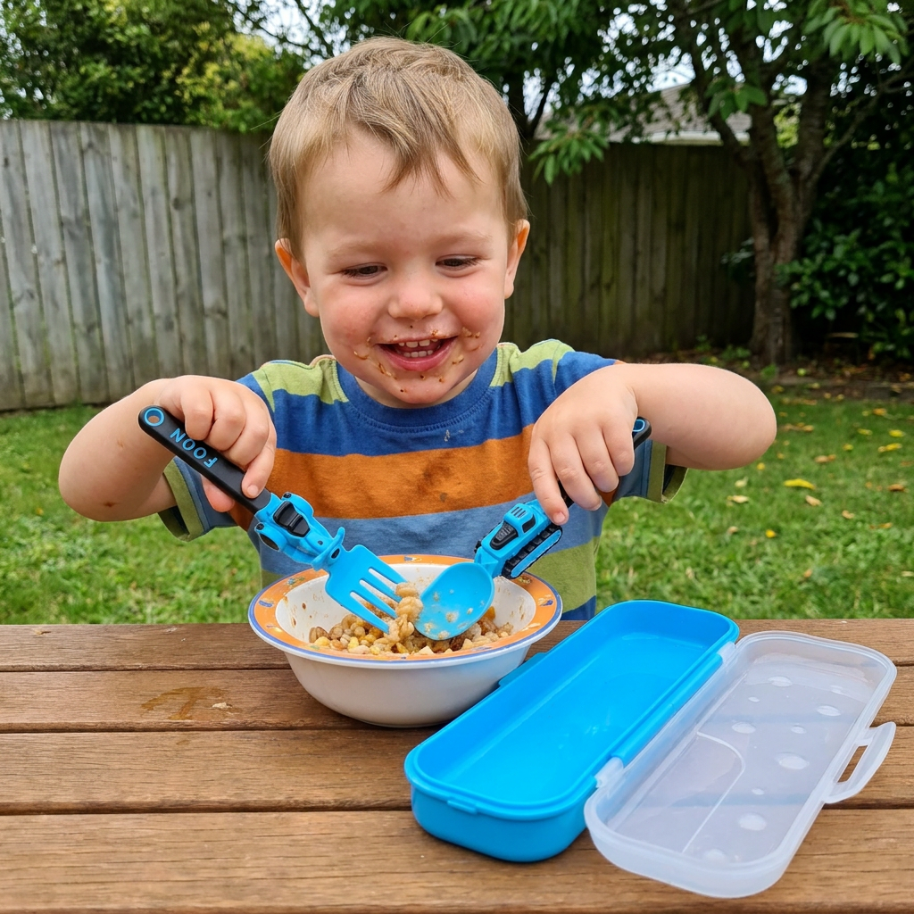 3-Piece Construction Vehicle Kids’ Utensil Set with Spoon, Fork & Travel Case