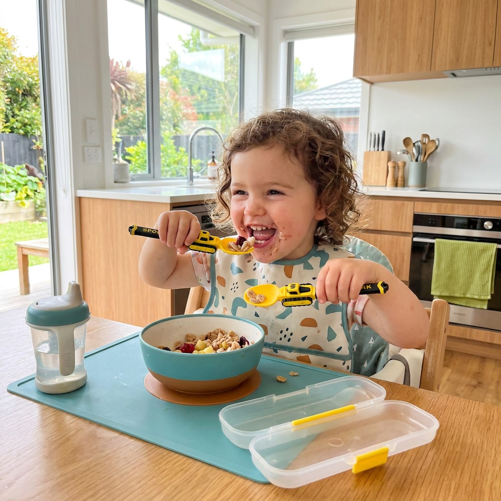 3-Piece Construction Vehicle Kids’ Utensil Set with Spoon, Fork & Travel Case