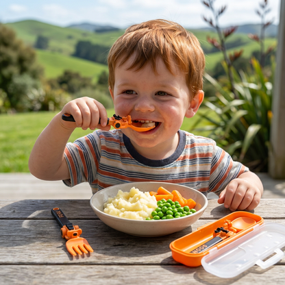 3-Piece Construction Vehicle Kids’ Utensil Set with Spoon, Fork & Travel Case