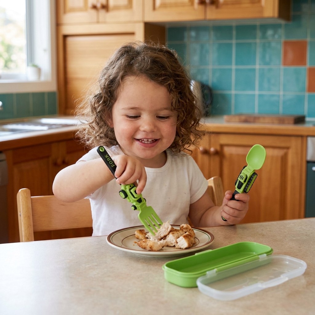 3-Piece Construction Vehicle Kids’ Utensil Set with Spoon, Fork & Travel Case