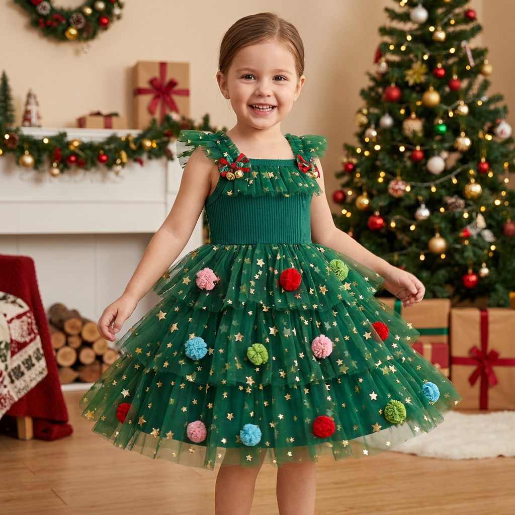 Girls’ Christmas Tutu Dress with Pom-Poms, Sequin Stars & Ruffled Sleeves