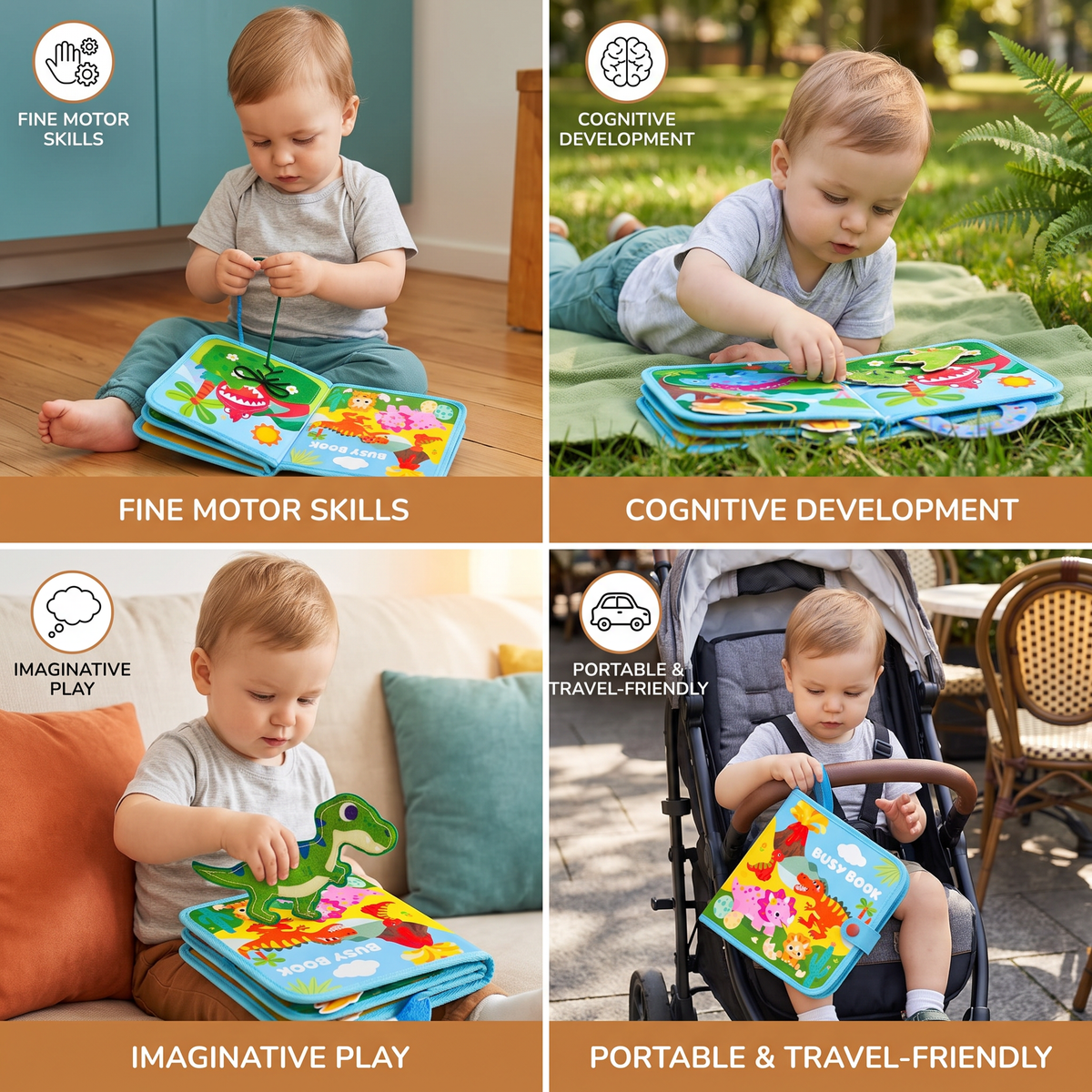 8-in-1 Montessori Dinosaur Busy Board Activity Book for Toddlers
