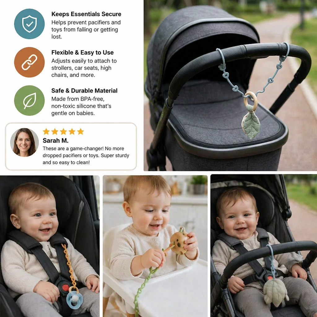 Silicone Baby Clip with Anti-Loss Protection – for Pacifiers & Toys (5 Pieces)