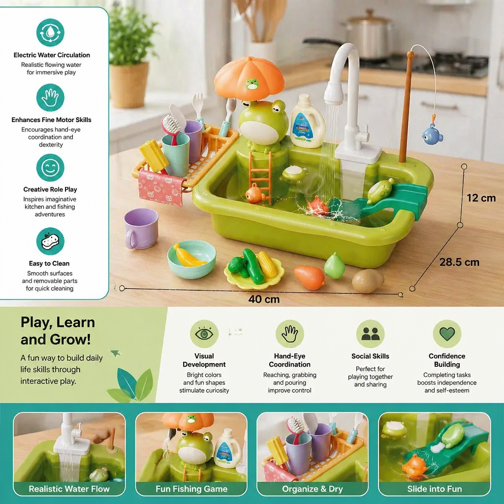 Kids Play Kitchen Sink Set with Running Water & Fishing Game