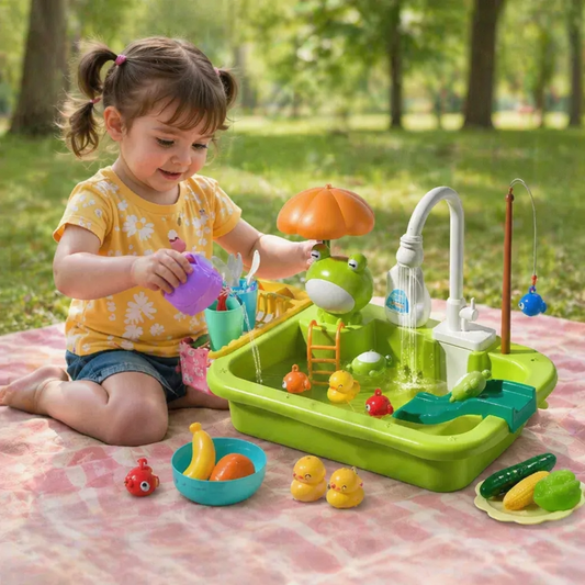 Kids Play Kitchen Sink Set with Running Water & Fishing Game