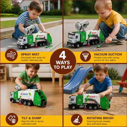 Die-Cast Street Sweeper Toy Truck with Vacuum Hose & Mist Spray