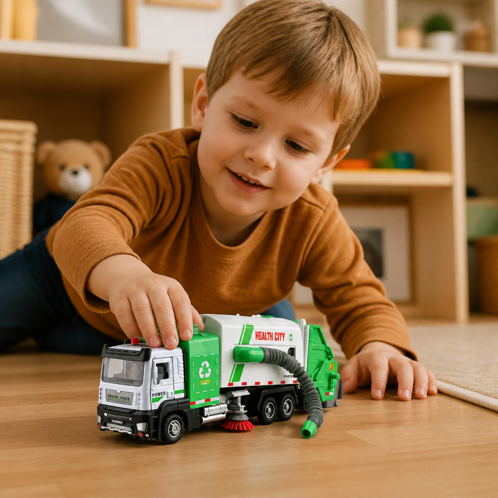 Die-Cast Street Sweeper Toy Truck with Vacuum Hose & Mist Spray