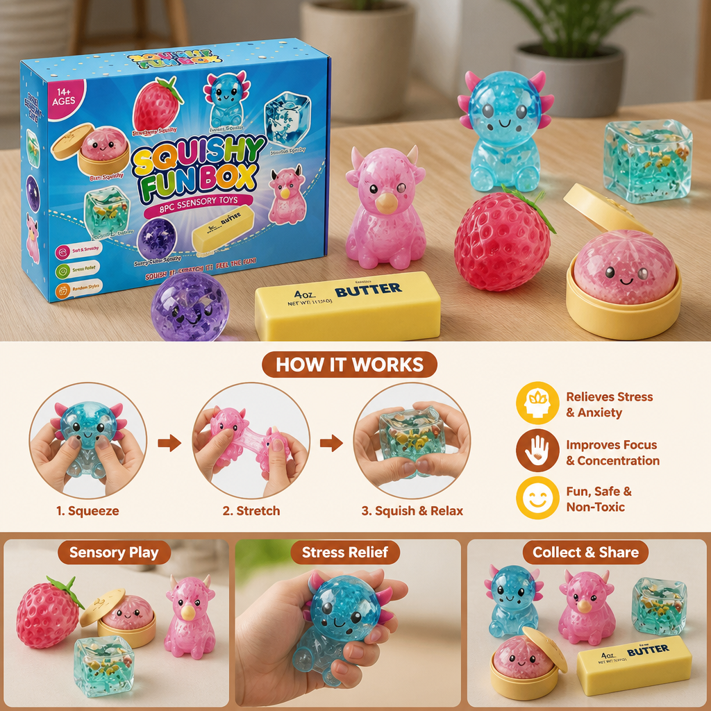 Premium Squishy Fidget Toy Set – 8 Sensory Toys