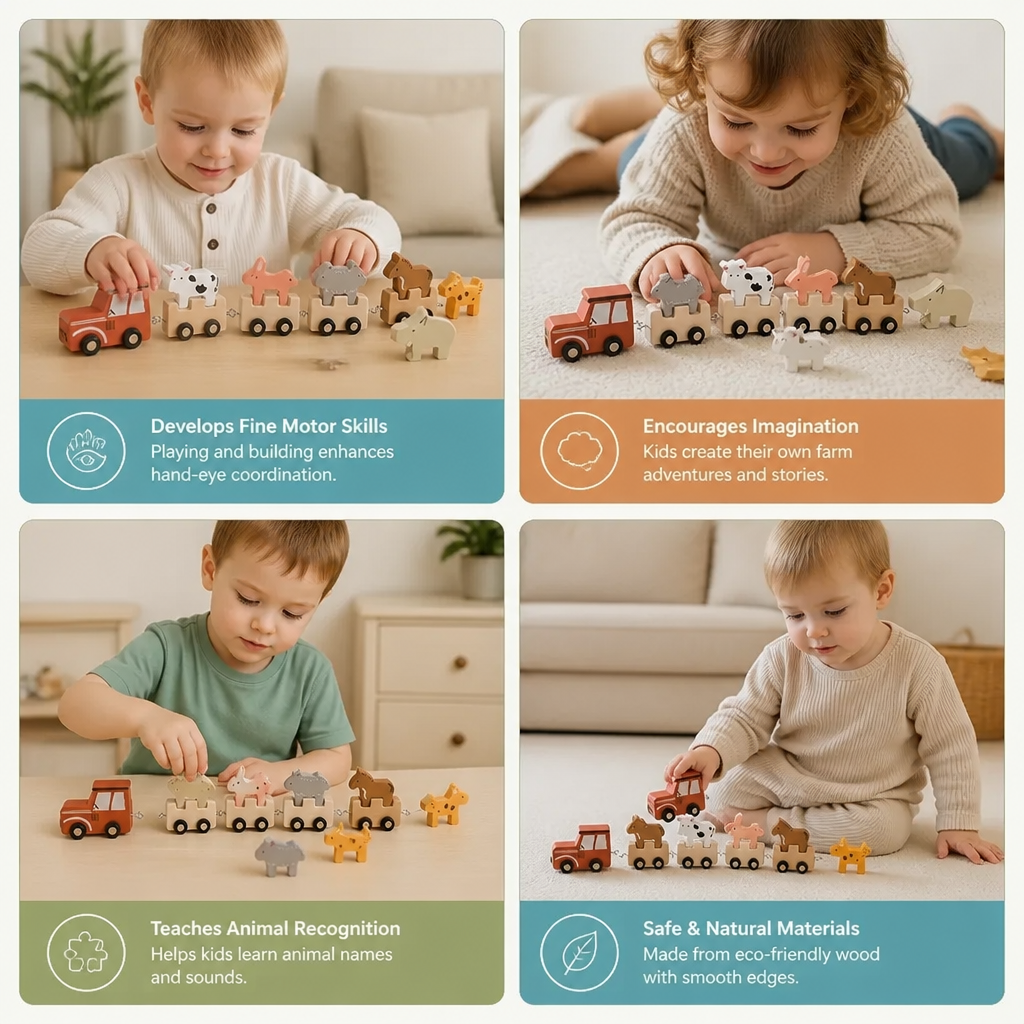 Wooden Farm Animal Train – Toy with Flexible Wheels for Children
