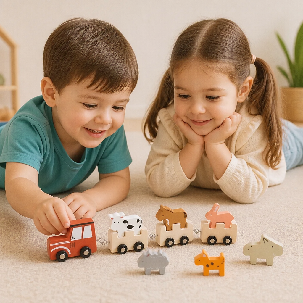 Wooden Farm Animal Train – Toy with Flexible Wheels for Children