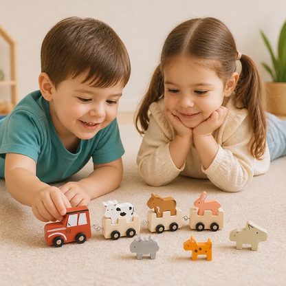 Wooden Farm Animal Train – Toy with Flexible Wheels for Children