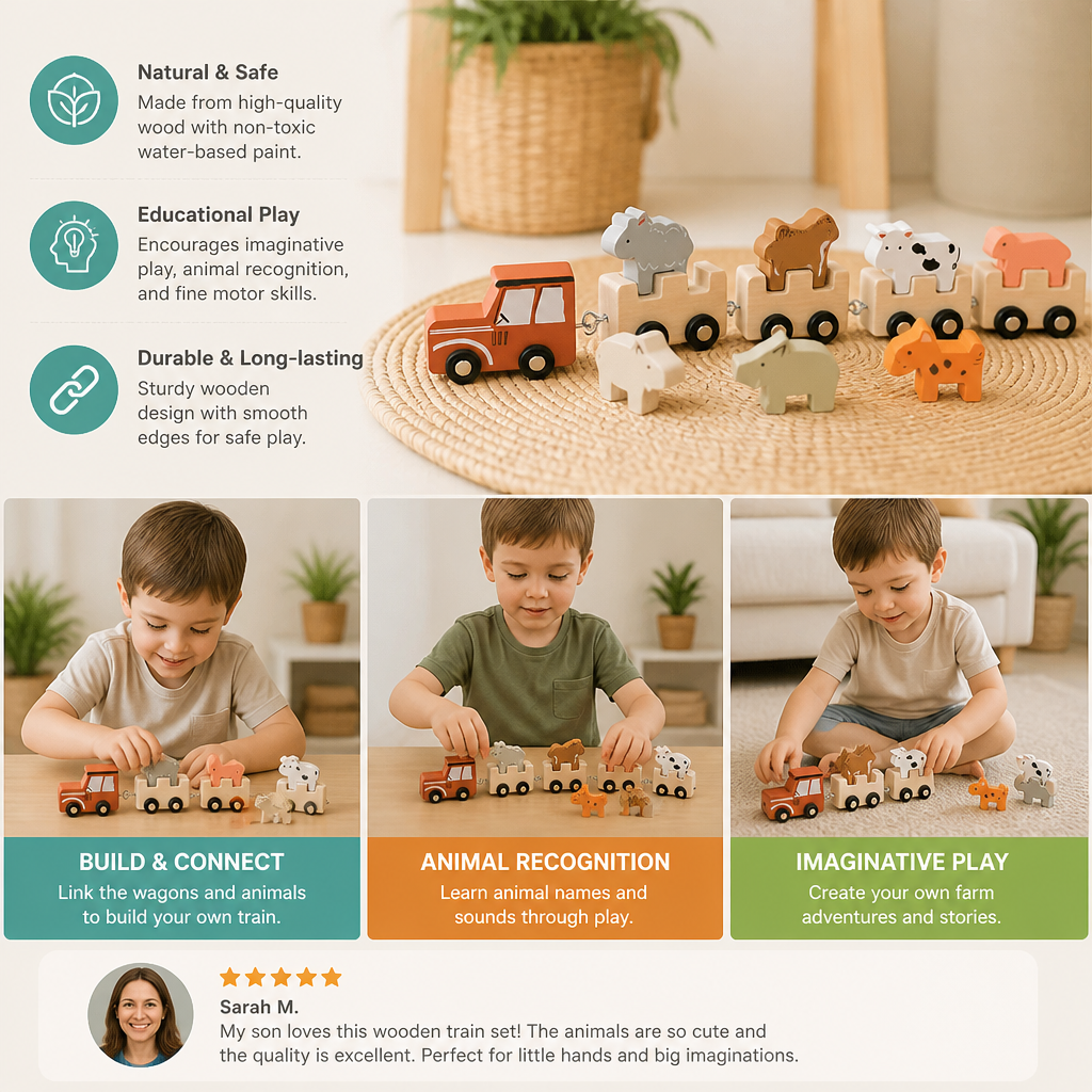 Wooden Farm Animal Train – Toy with Flexible Wheels for Children