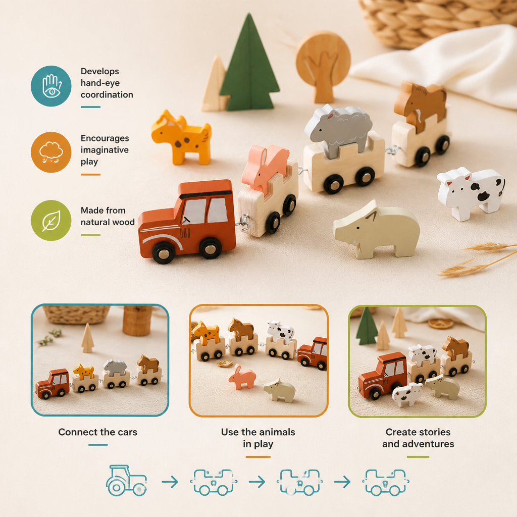 Wooden Farm Animal Train – Toy with Flexible Wheels for Children