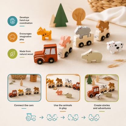 Wooden Farm Animal Train – Toy with Flexible Wheels for Children