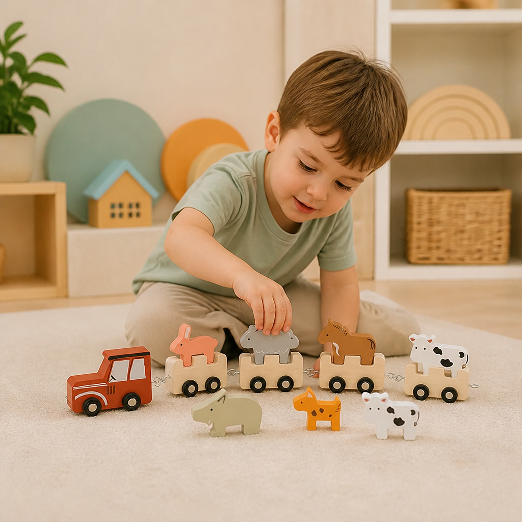 Wooden Farm Animal Train – Toy with Flexible Wheels for Children
