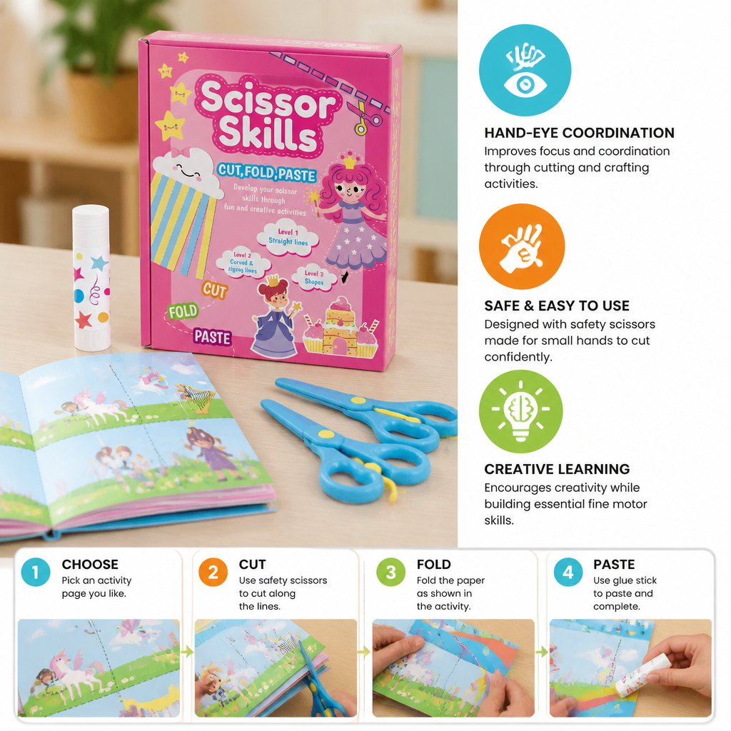 Kids Scissor Skills Activity Book – Safe Cutting Practice with Safety Scissors