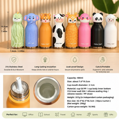 Cute Cartoon Animal Insulated Stainless Steel Straw Cup – 480ml