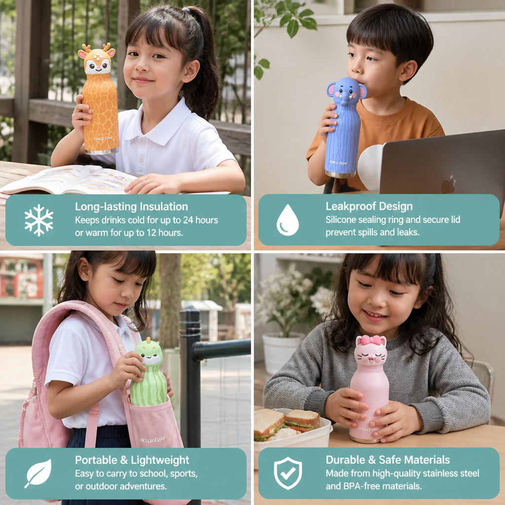 Cute Cartoon Animal Insulated Stainless Steel Straw Cup – 480ml