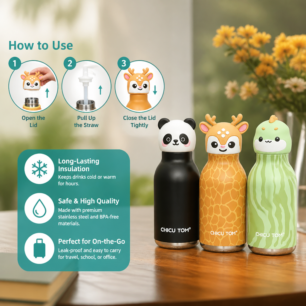 Cute Cartoon Animal Insulated Stainless Steel Straw Cup – 480ml