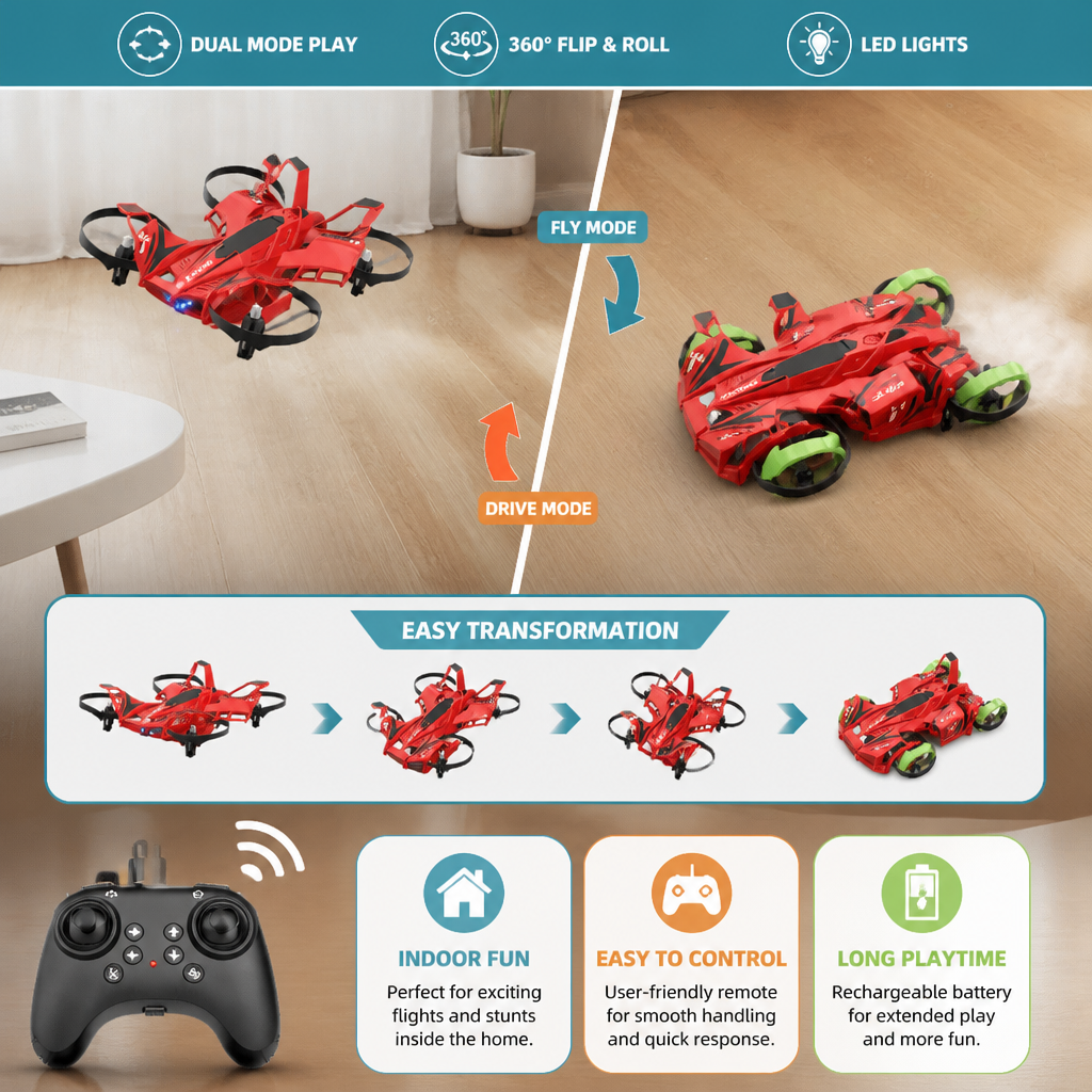 2-in-1 Remote Control Flying Drone & Stunt Racing Car