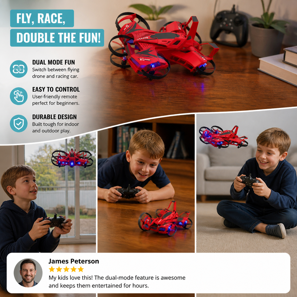 2-in-1 Remote Control Flying Drone & Stunt Racing Car