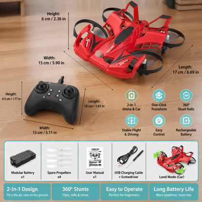 2-in-1 Remote Control Flying Drone & Stunt Racing Car