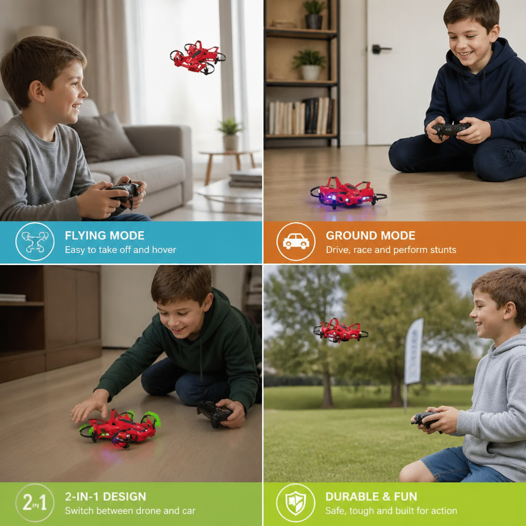 2-in-1 Remote Control Flying Drone & Stunt Racing Car