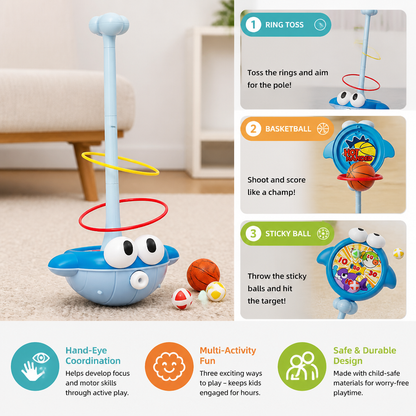 3-in-1 Educational Activity Game – Ring Toss, Basketball & Sticky Ball