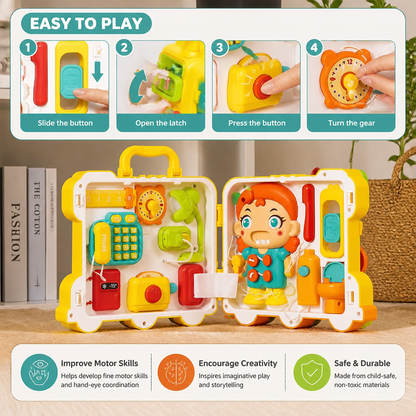 Kids Bus Busy Board Toy with Activities and Doll