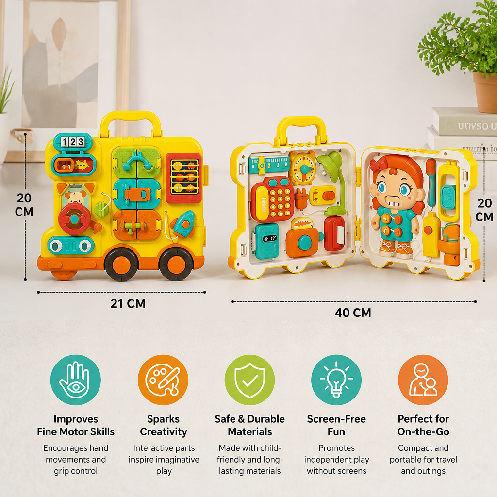 Kids Bus Busy Board Toy with Activities and Doll