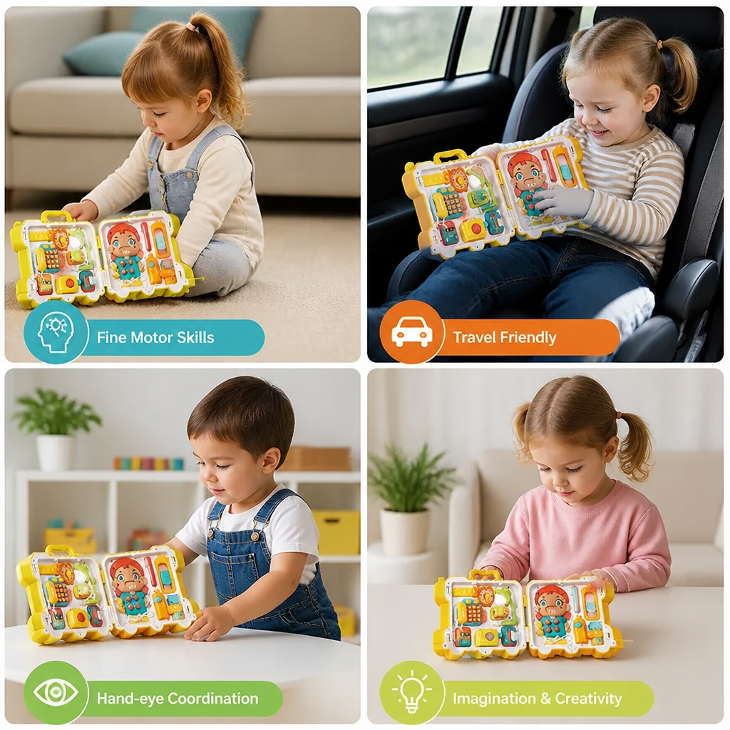 Kids Bus Busy Board Toy with Activities and Doll