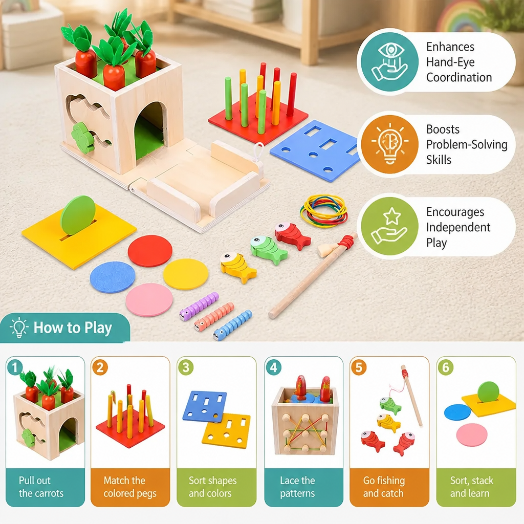 6-in-1 Montessori Wooden Shapes and Figures Educational Cube