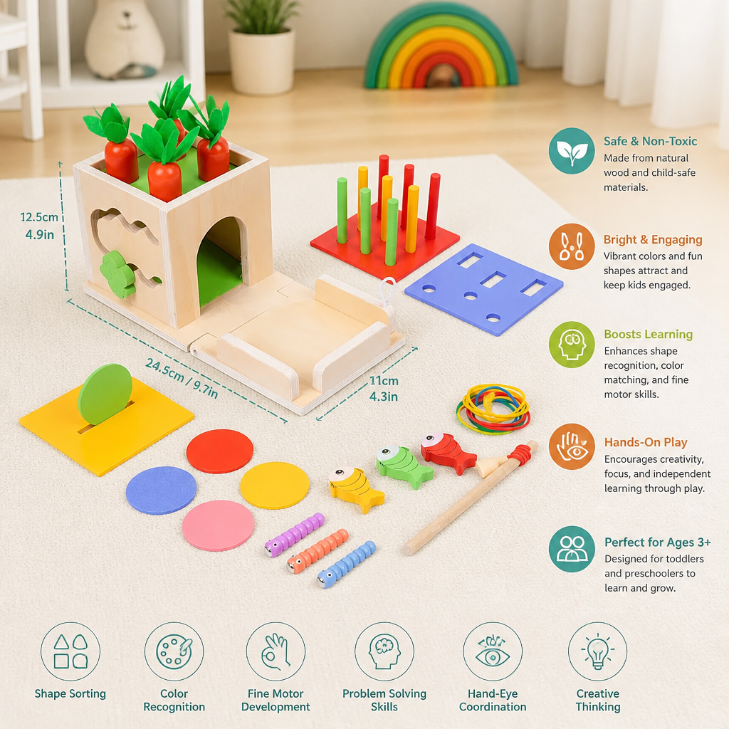 6-in-1 Montessori Wooden Shapes and Figures Educational Cube