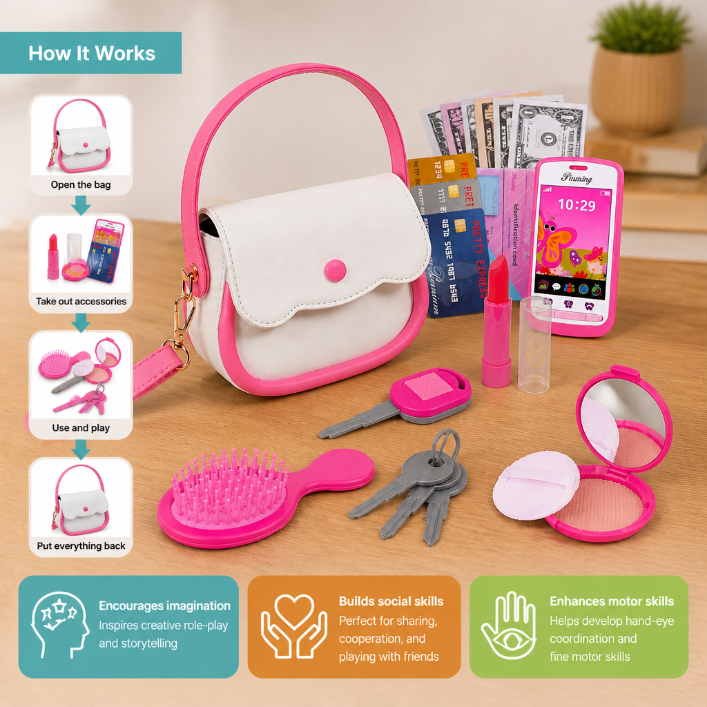 Kids Pretend Play Handbag Set with Phone, Makeup & Accessories