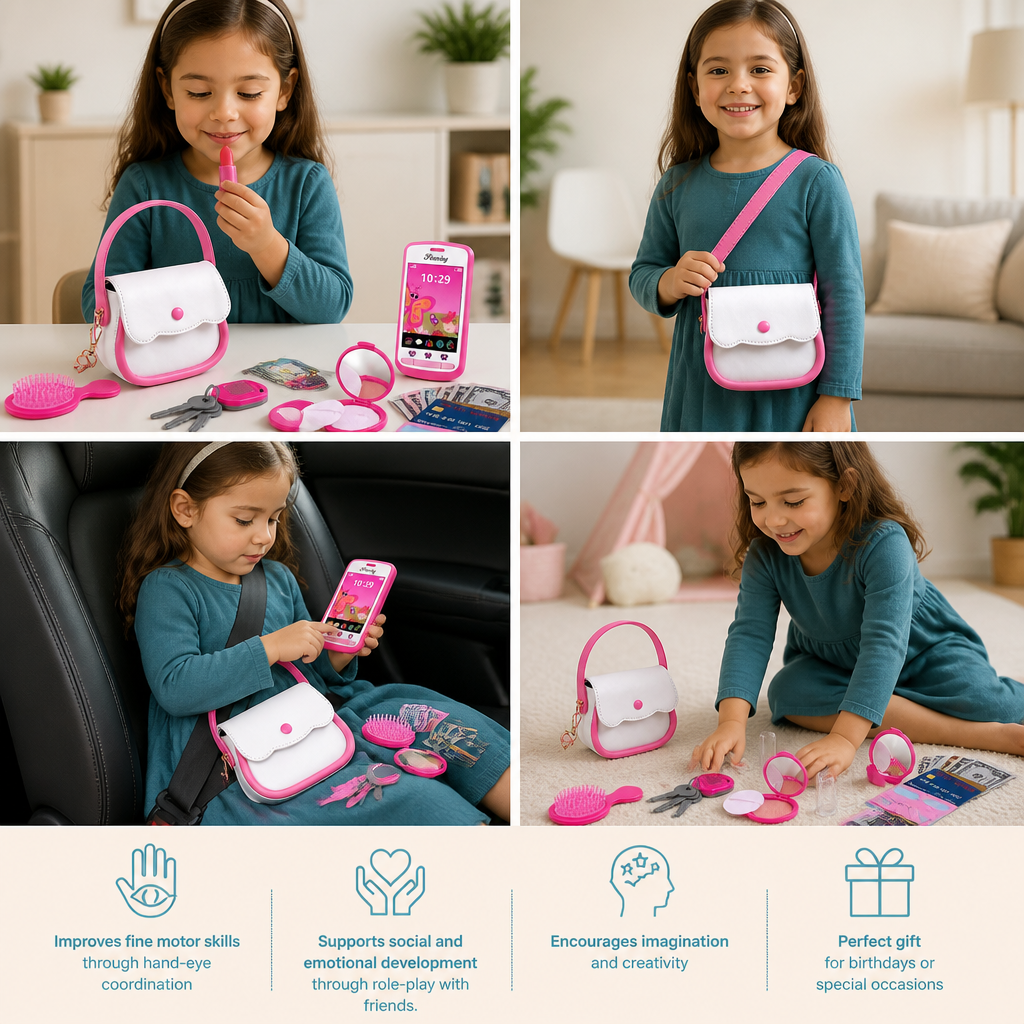 Kids Pretend Play Handbag Set with Phone, Makeup & Accessories