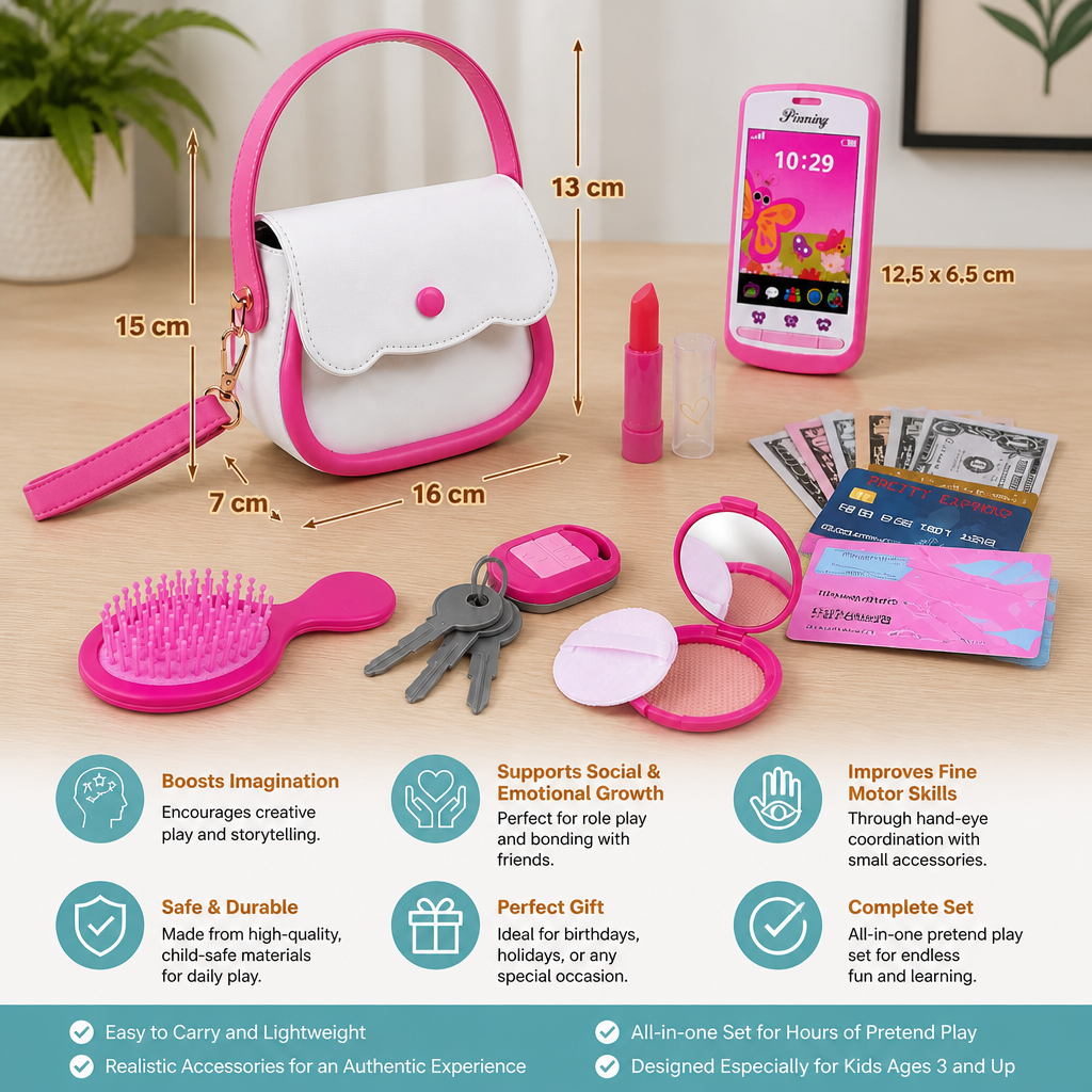 Kids Pretend Play Handbag Set with Phone, Makeup & Accessories