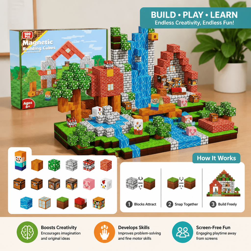 100-Piece Magnetic Building Cube Set – Montessori STEM Construction Toy for Kids