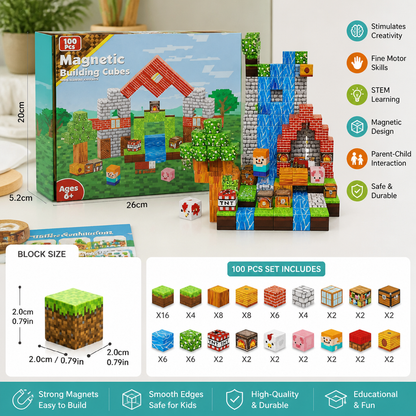 100-Piece Magnetic Building Cube Set – Montessori STEM Construction Toy for Kids