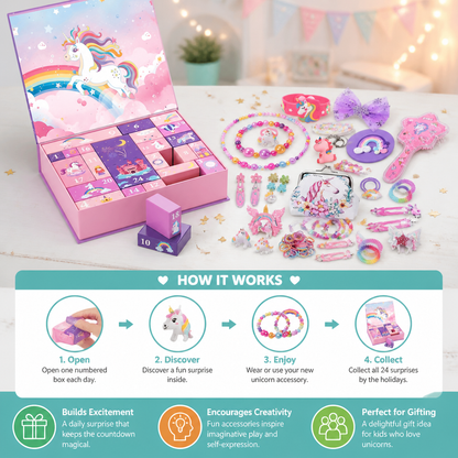 24-Day Unicorn Advent Calendar with Hair Accessories, Stickers & Surprise Gifts