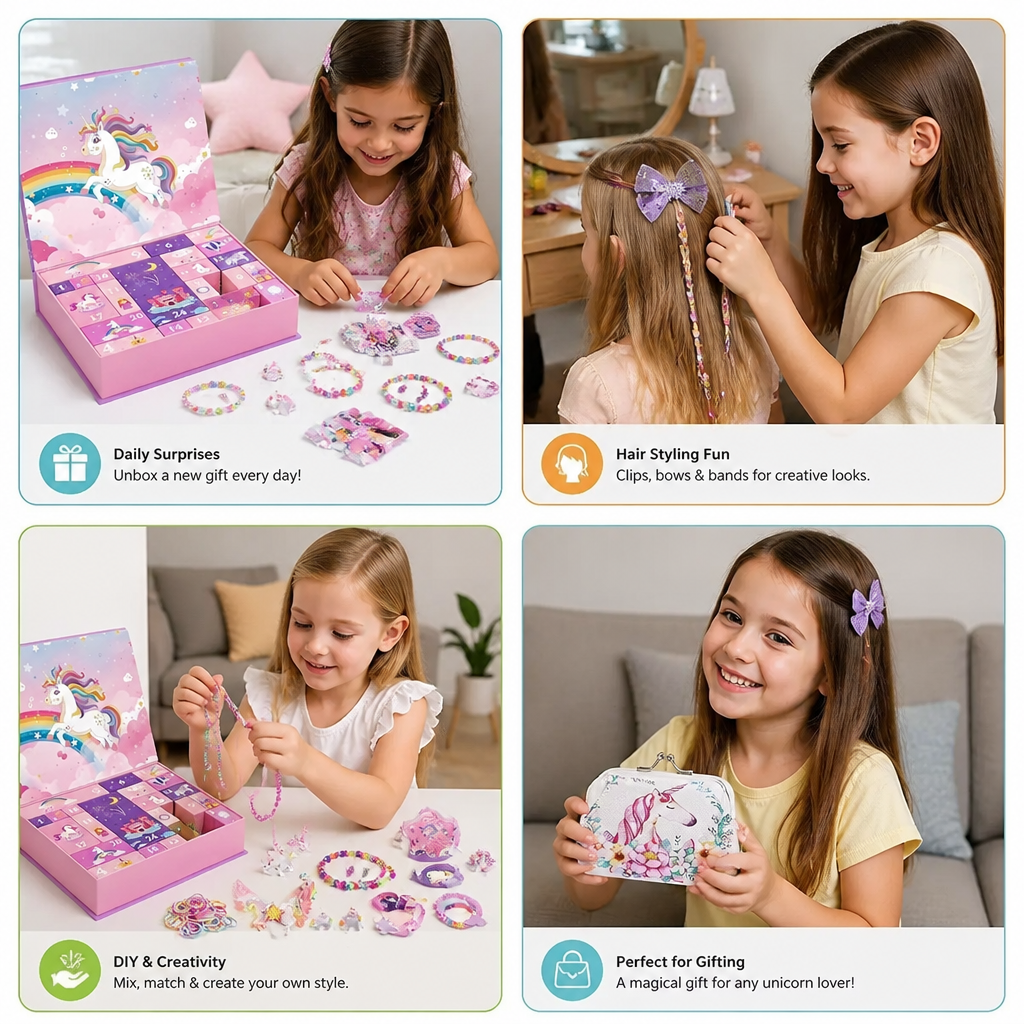 24-Day Unicorn Advent Calendar with Hair Accessories, Stickers & Surprise Gifts