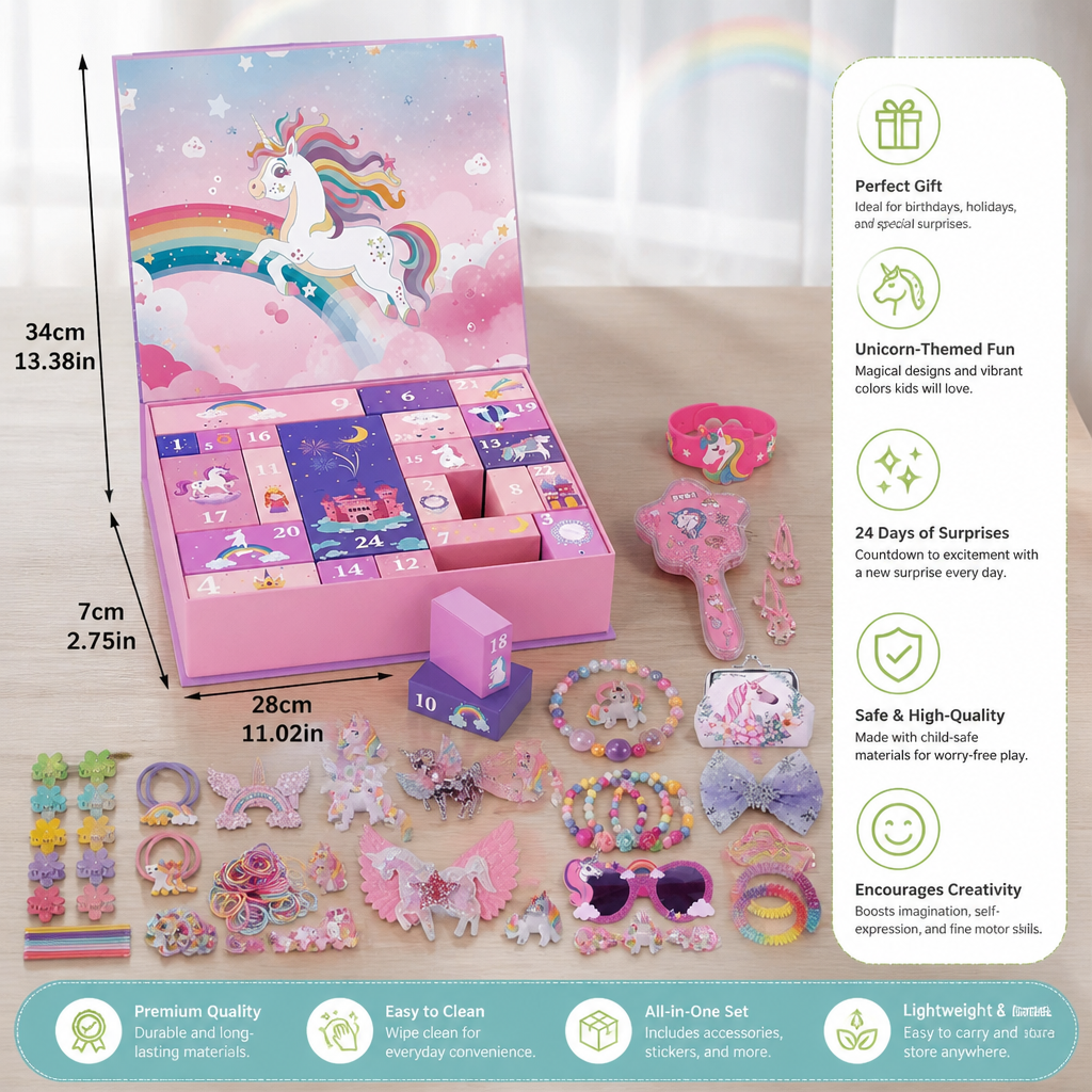 24-Day Unicorn Advent Calendar with Hair Accessories, Stickers & Surprise Gifts
