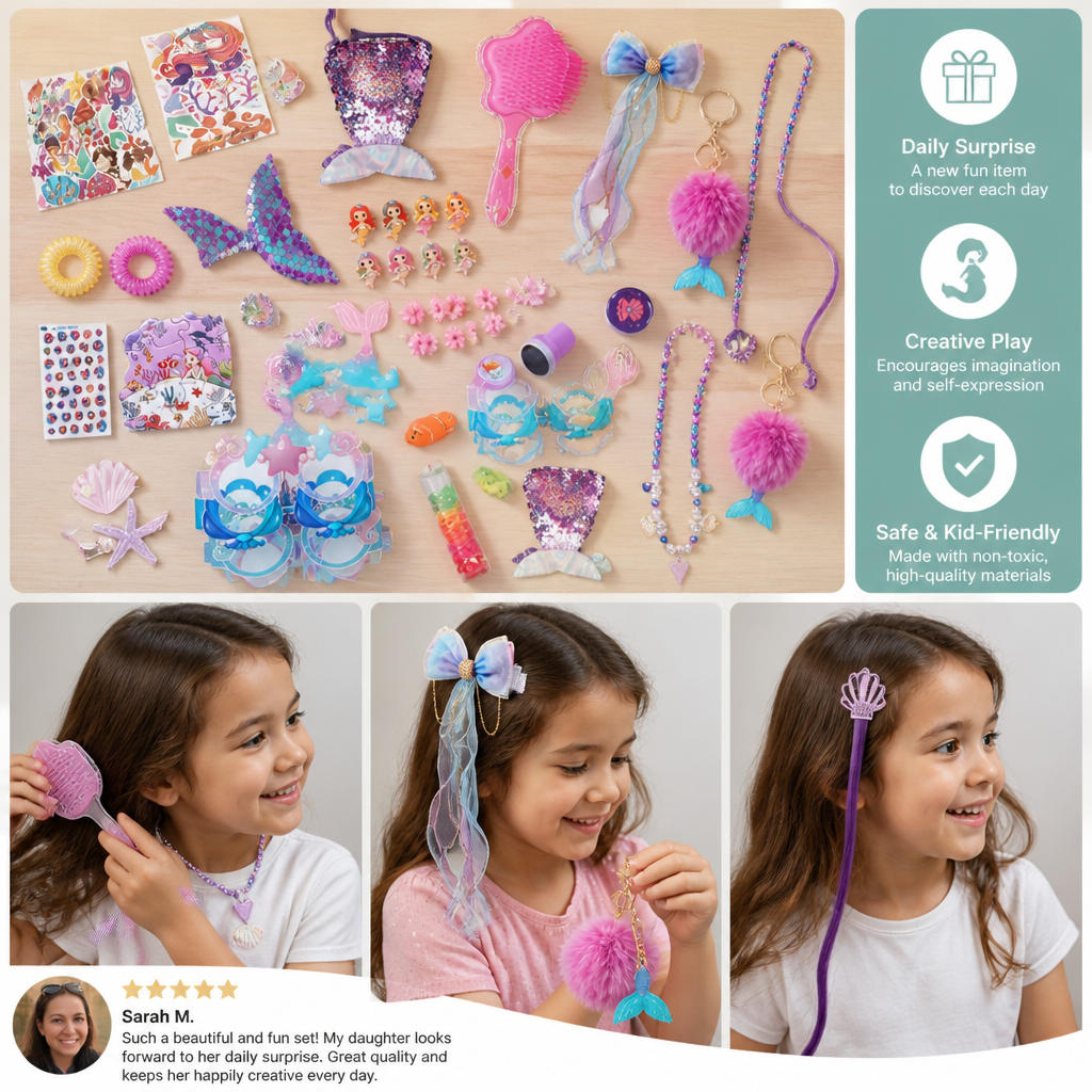 24-Day Mermaid Advent Calendar with Hair Accessories, Stickers & Surprise Gifts