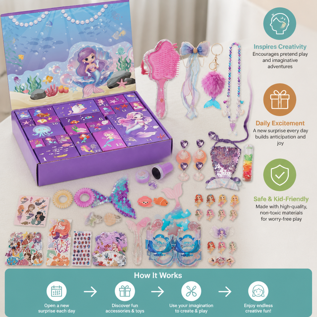 24-Day Mermaid Advent Calendar with Hair Accessories, Stickers & Surprise Gifts