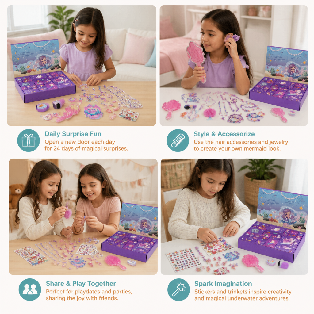 24-Day Mermaid Advent Calendar with Hair Accessories, Stickers & Surprise Gifts