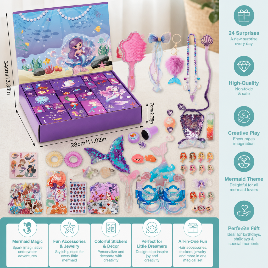 24-Day Mermaid Advent Calendar with Hair Accessories, Stickers & Surprise Gifts