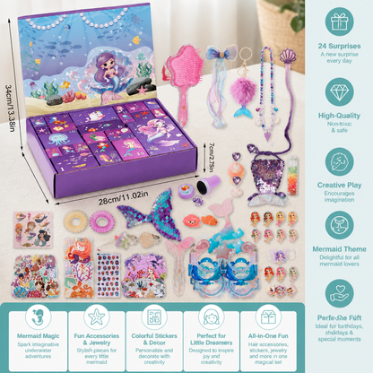 24-Day Mermaid Advent Calendar with Hair Accessories, Stickers & Surprise Gifts