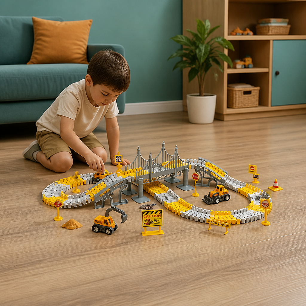 Construction Truck Race Track Playset with Bridge, Vehicles & Road Signs