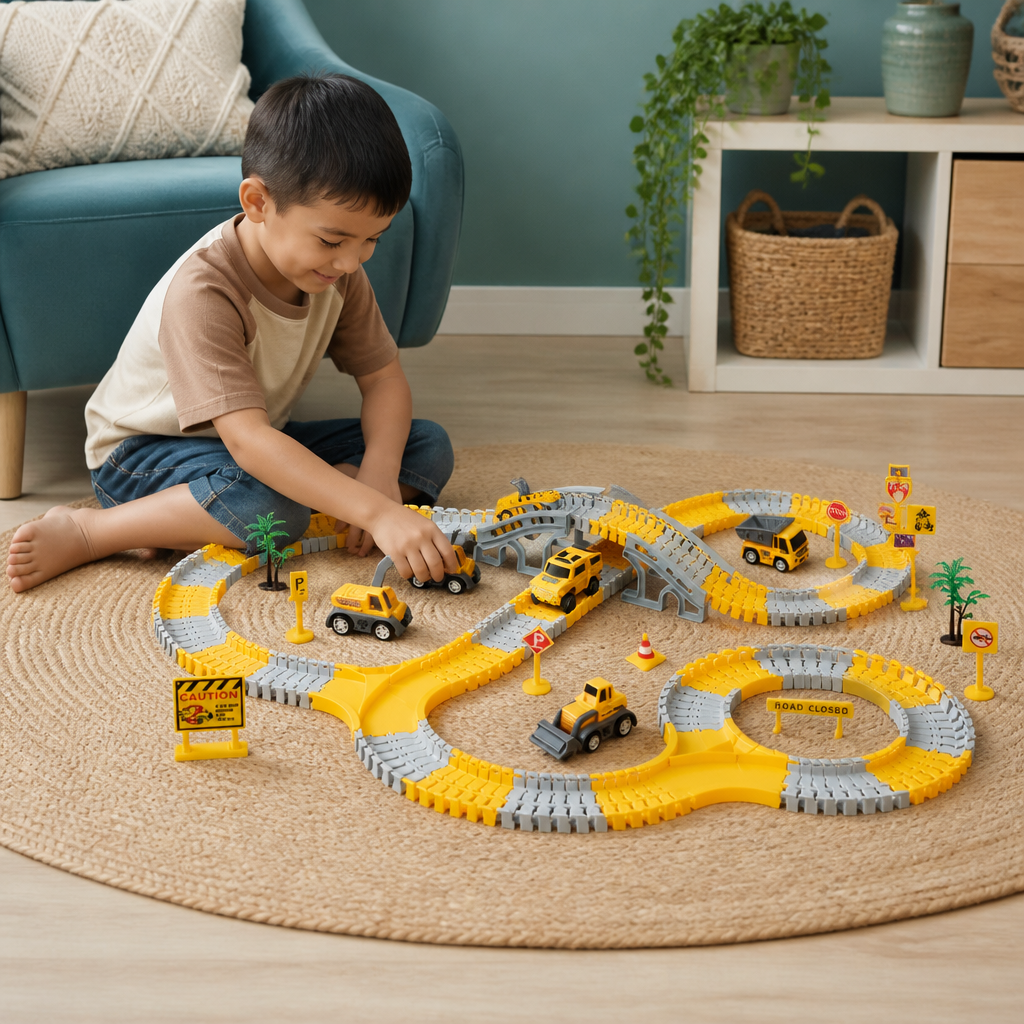 Construction Truck Race Track Playset with Bridge, Vehicles & Road Signs