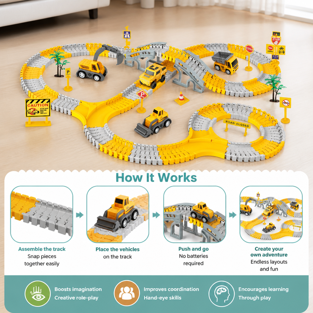 Construction Truck Race Track Playset with Bridge, Vehicles & Road Signs