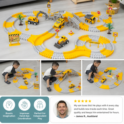 Construction Truck Race Track Playset with Bridge, Vehicles & Road Signs